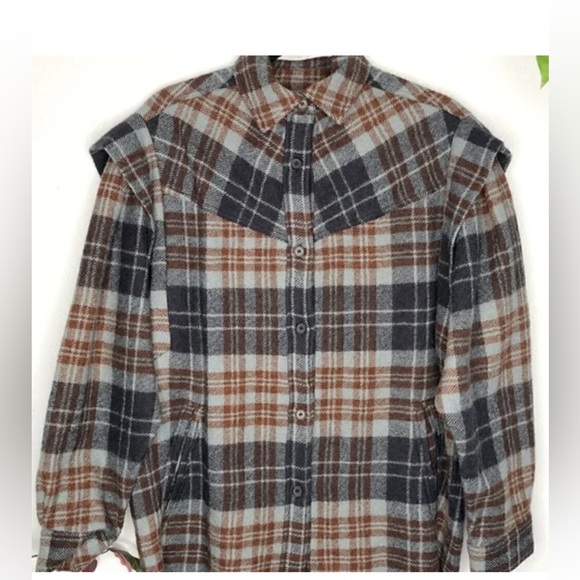 IRO Paris Gabyn Flannel Jacket Plaid Blue Brown Wool EU 32 - Picture 1 of 5